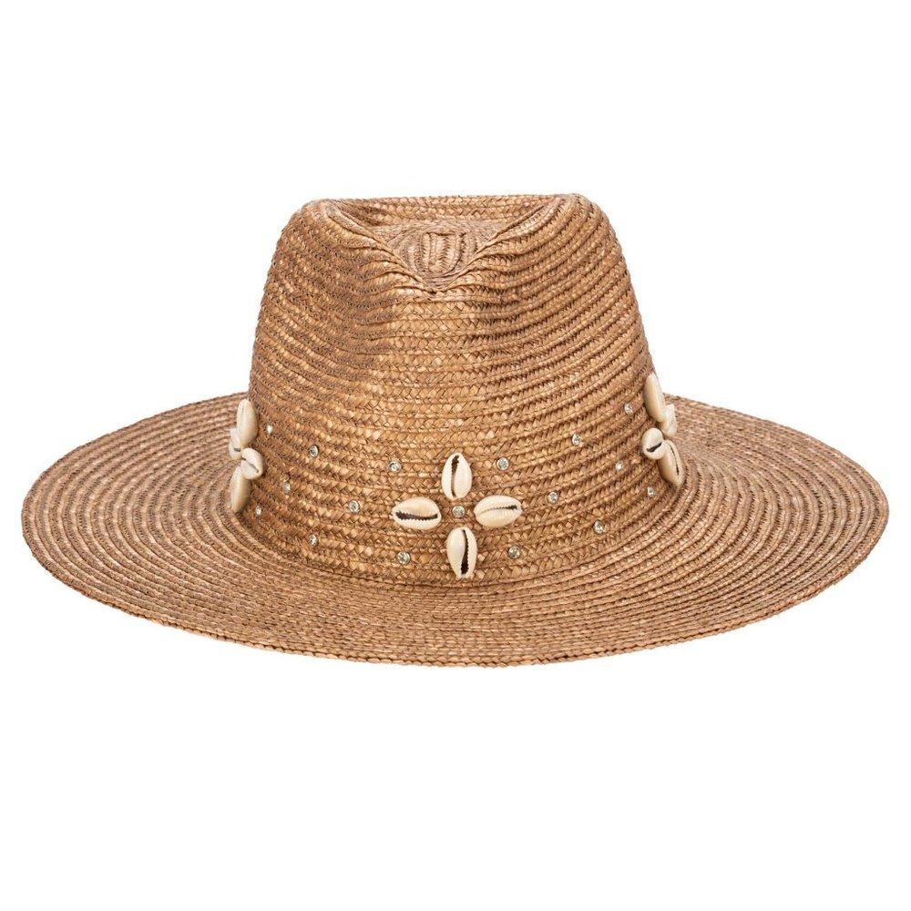 $110 Resort Ready Wheat Straw Fedora Glam Shell Rhinestone Womens San Diego Hat - Picture 3 of 7